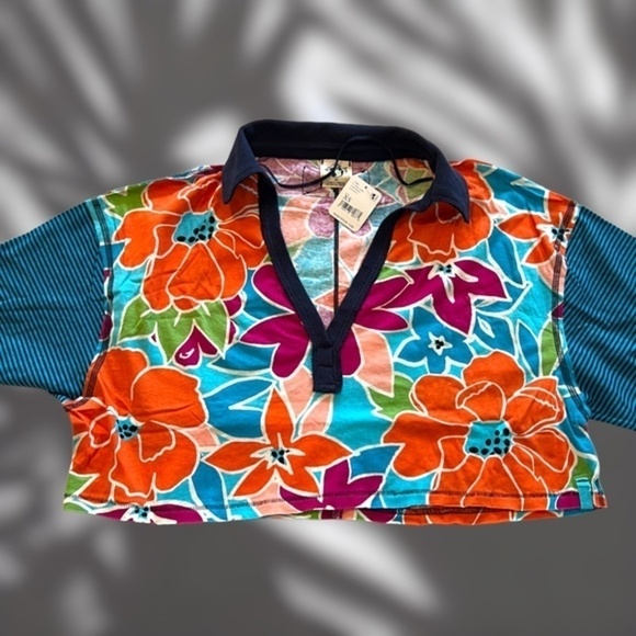 FREE PEOPLE Cotton on a Boat Colorblock V-Neck Boxy Cropped Cotton Polo Top NWT - Picture 10 of 14